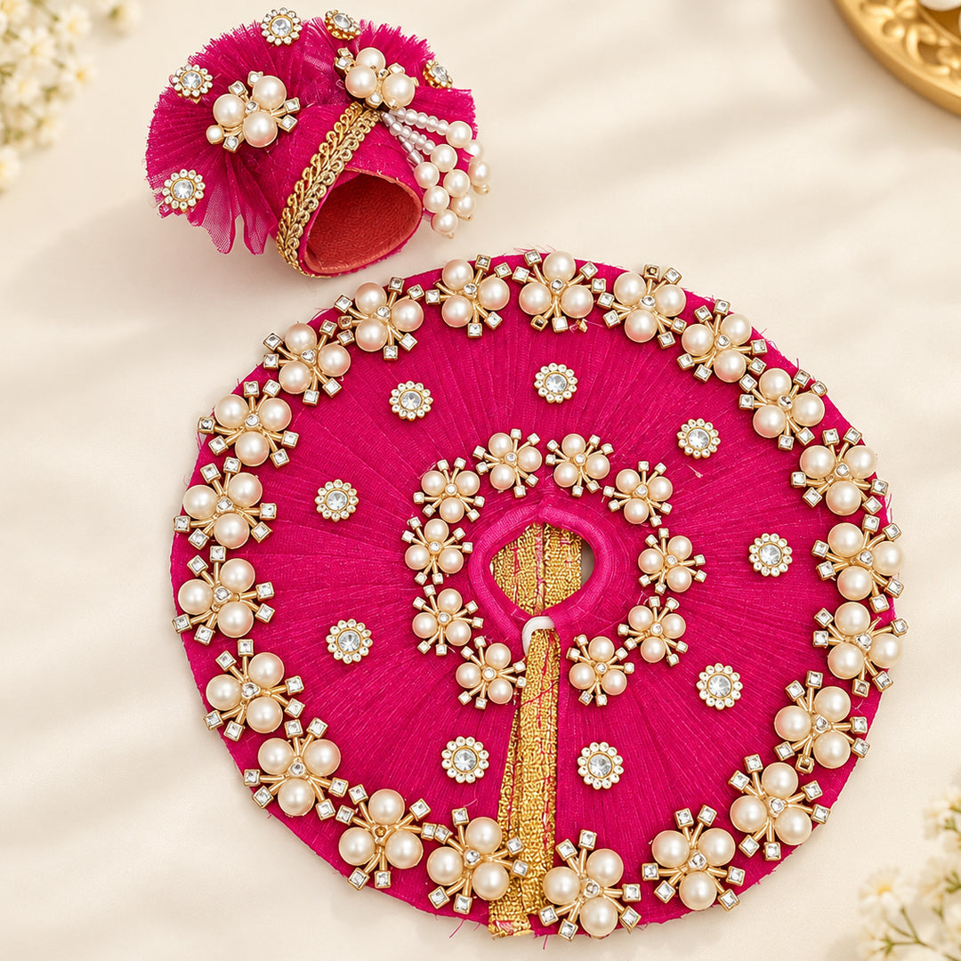 SAANIDHYAM Rani Pink Pearl Designer Laddu Gopal Poshak Set with Mukut