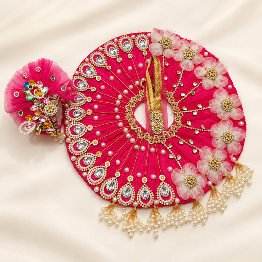 SAANIDHYAM Rani Pink Floral Pearl Designer Laddu Gopal Poshak Set with Mukut