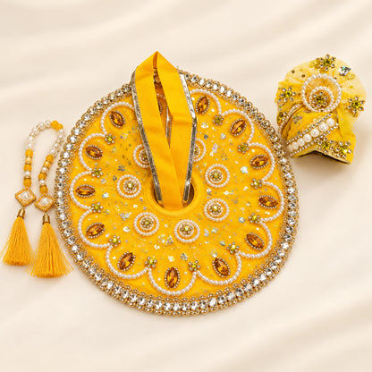 SAANIDHYAM Yellow Pearl & Cowrie Designer Laddu Gopal Poshak Set with Mukut & Mala