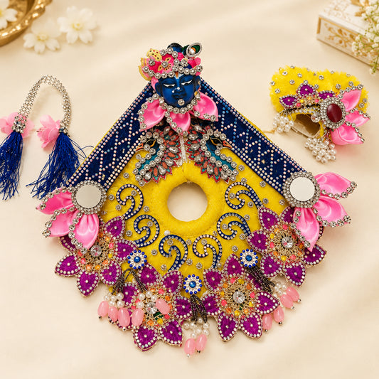 SAANIDHYAM Shyam Sundar Yellow & Royal Blue Designer Laddu Gopal Poshak Set with Mukut & Mala