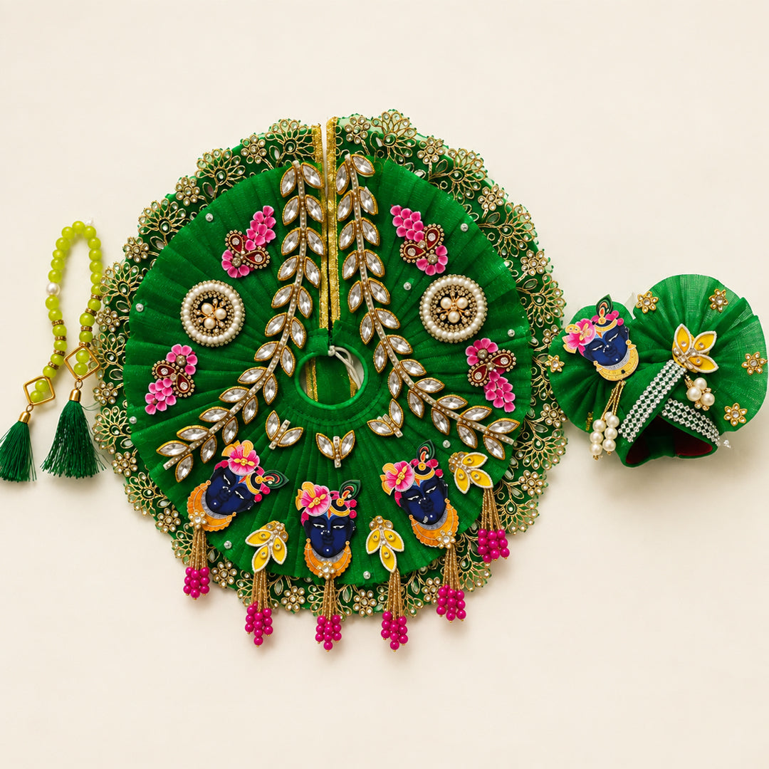 SAANIDHYAM Green Designer Laddu Gopal Poshak Set with Mukut & Mala