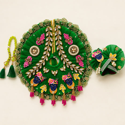 SAANIDHYAM Green Designer Laddu Gopal Poshak Set with Mukut & Mala