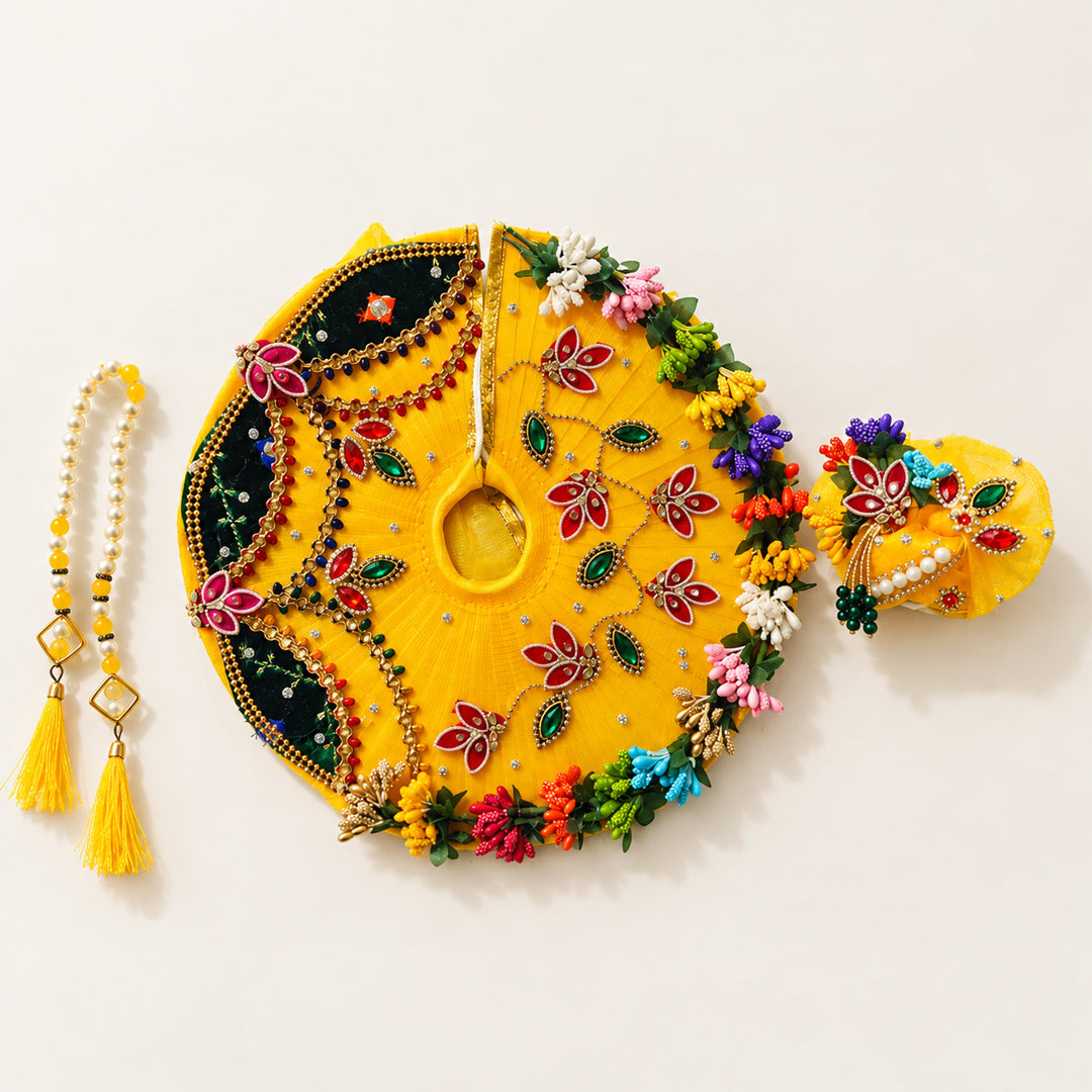 SAANIDHYAM Yellow Floral Designer Laddu Gopal Poshak Set with Mukut & Mala