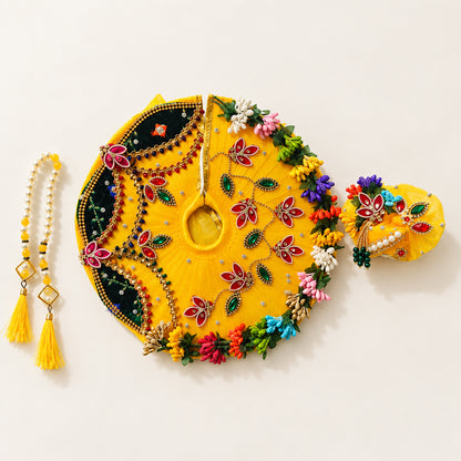 SAANIDHYAM Yellow Floral Designer Laddu Gopal Poshak Set with Mukut & Mala